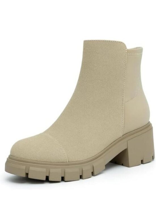 Shoes - Women's Ankle Boots Platform Lug Sole Chunky Heel Booties Side Zipper Apricot